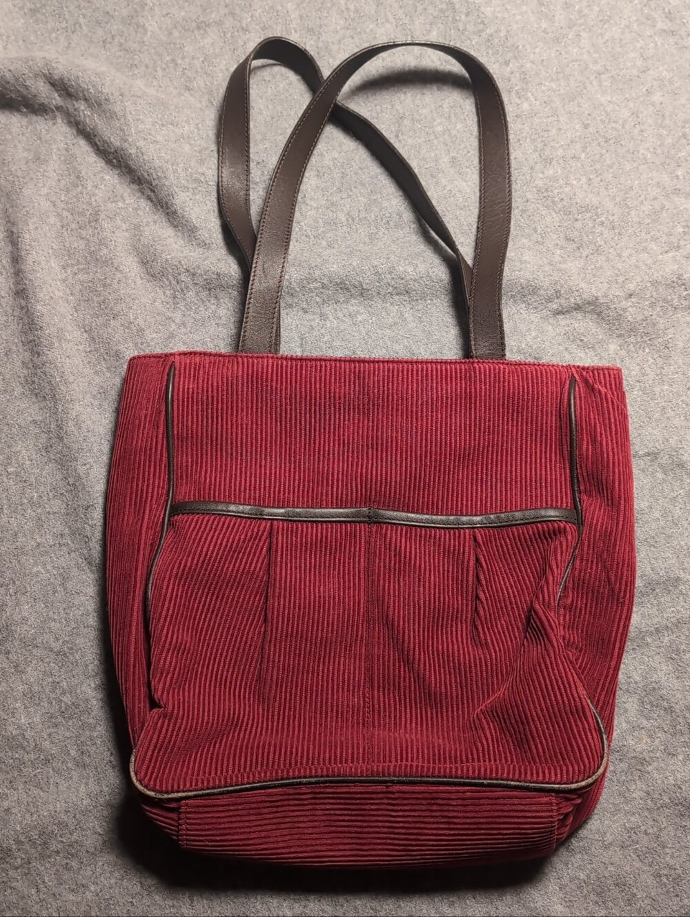 J.Crew Vintage Red Corduroy Tote Bag Leather Trim Shoulder Purse Handbag